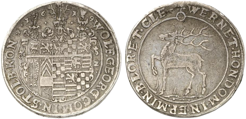 7773 / Талер подвійний 1619 р.; Вольфганг Георг, 1612-1631 р.; 58,43 г.; SS